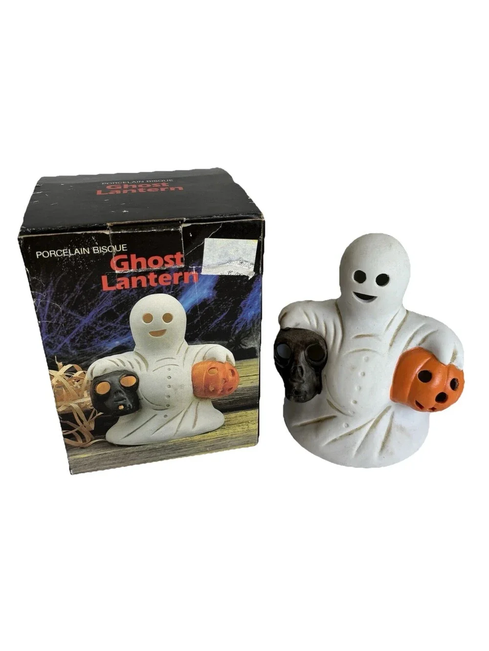 Vintage Ceramic Porcelain Bisque Halloween Ghost Lantern Tealight Candle Holder
